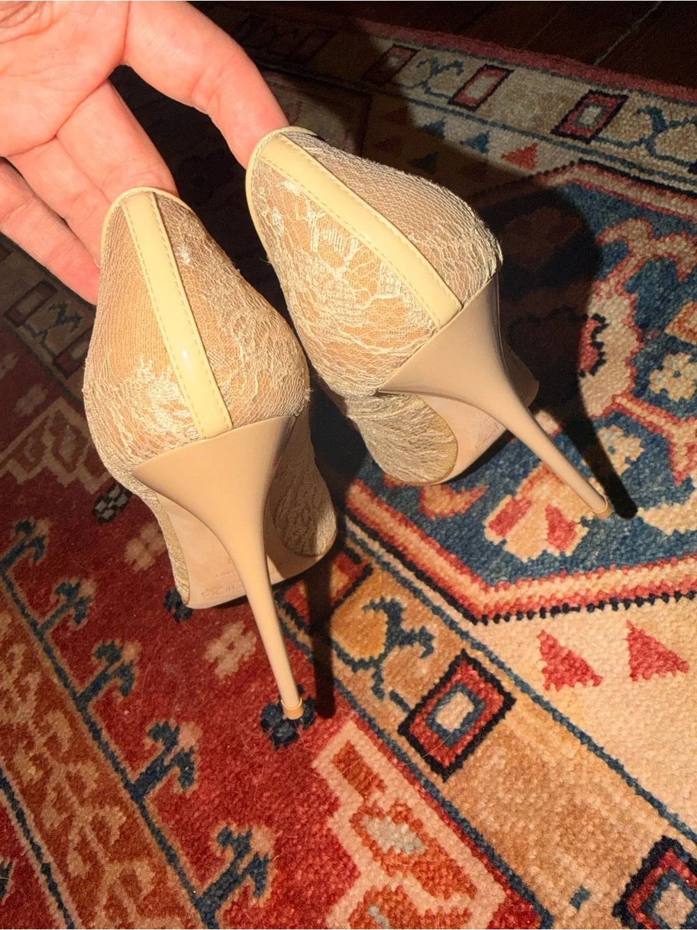CONSIGNED Jimmy Choo Beige Lace Pointed-Toe Pumps with Floral Overlay